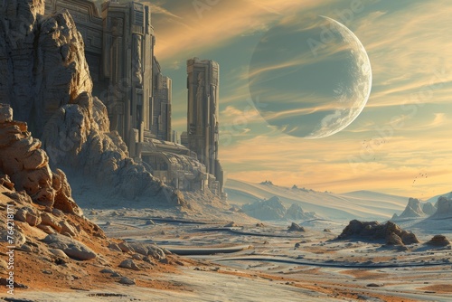 An otherworldly landscape featuring alien terrain and a planet looming in the distance, An ancient, advanced civilization ruins on a distant exoplanet, AI Generated photo