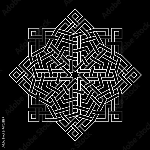 Geometric star with a new and unique Moroccan pattern, Arabic modern shape, lines cross ornament in black and white