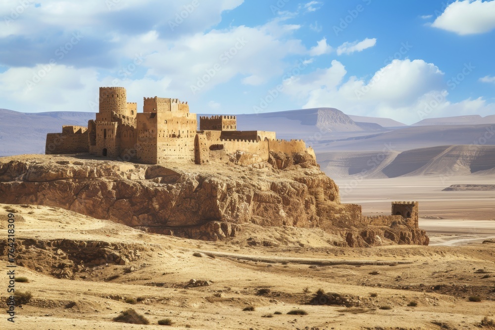 A majestic castle stands prominently in a barren desert landscape under a clear blue sky, An ancient Islamic fortress overseeing a barren desert terrain, AI Generated