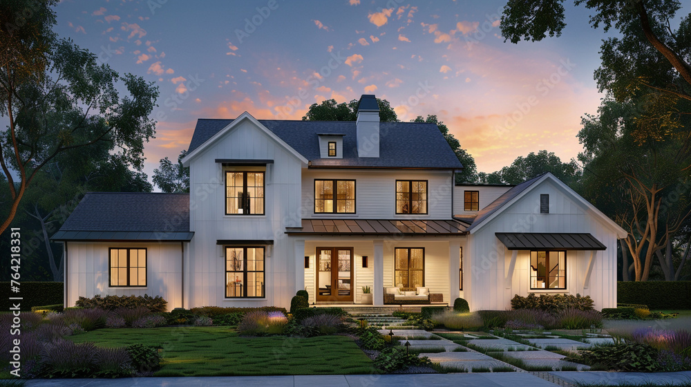 A picturesque scene of the modern farmhouse luxury home exterior bathed in twilight's soft glow, a haven of comfort and style. --ar 16:9 --v 6.0 - Image #4 @Zubi