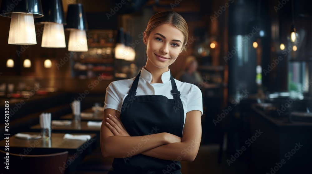 Confident waitress with crossed arms looking at camera in restaurant. Concept restaurants and delicious food.