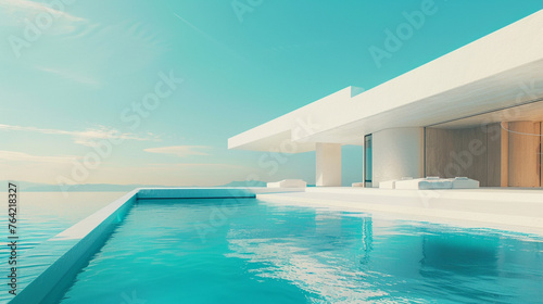 A picturesque rendering of a luxurious villa with a minimalist aesthetic, its pristine white exterior complemented by a shimmering pool in the foreground,  © Nasreen