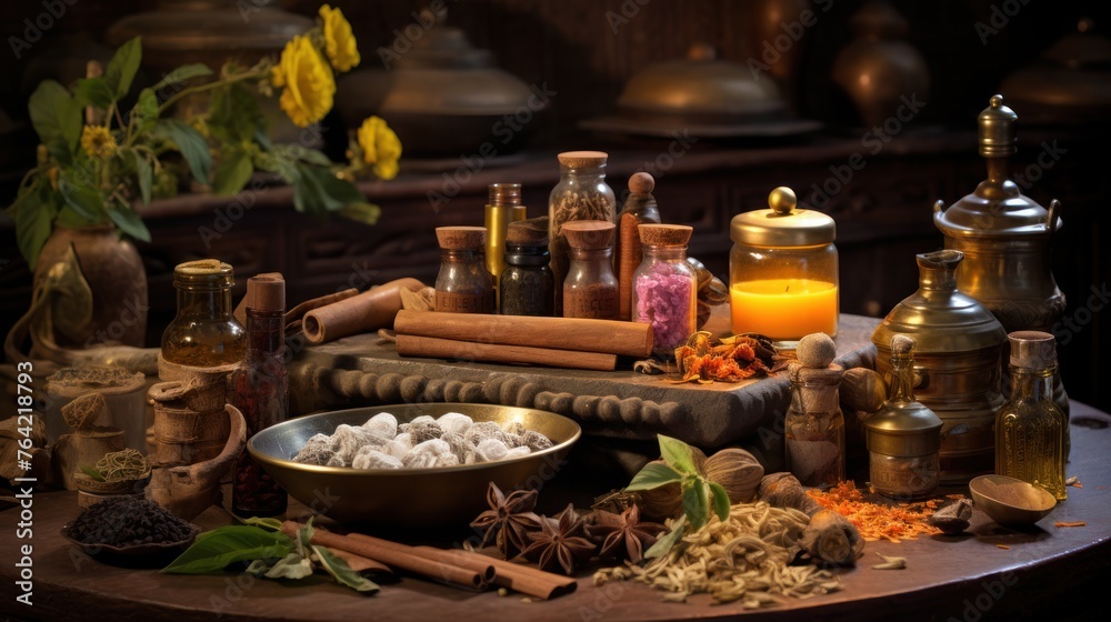 Wooden, clay, and glass jars of dried herbs and spices in master herbalist's workshop, for food, seasoning, and medicine