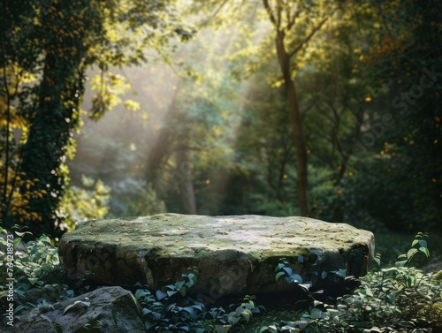 3d render rock podium for product display. autumn forest in the morning