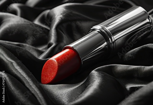 Red lipstick on silk monochrome background