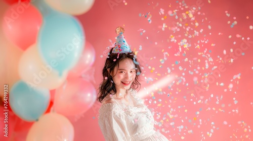 A joyful woman celebrates with balloons and confetti
