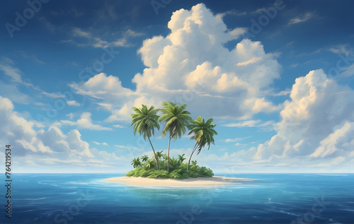 A tranquil small island adorned with two palm trees, situated amidst the vast expanse of the ocean under a serene blue sky with fluffy clouds.