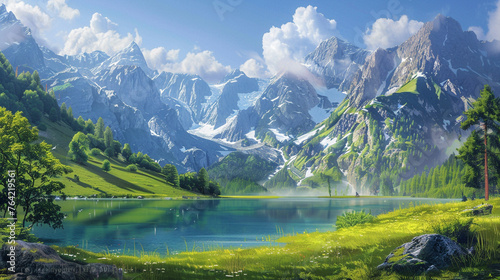 A tranquil alpine valley carpeted with lush green grass  cradled by towering mountain ranges. 
