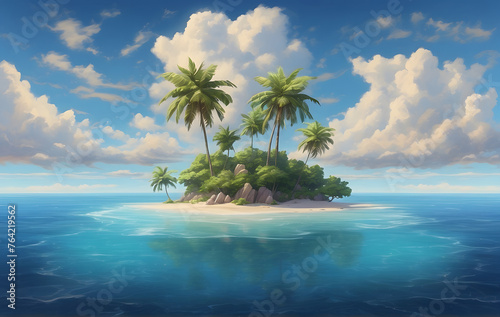 A tranquil small island adorned with two palm trees, situated amidst the vast expanse of the ocean under a serene blue sky with fluffy clouds.