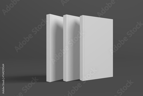 Realistic 3D book mockup illustration with 3 soft covers. Book model standing on isolated gray background with shadows. Book with 3 soft covers. Ready for you to present your design.