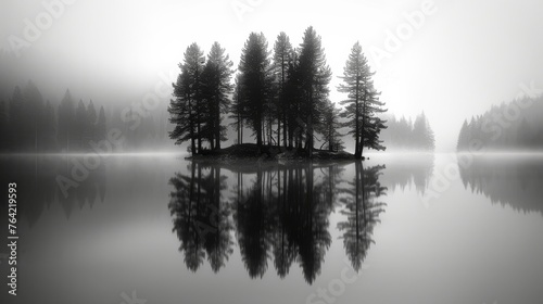 Misty Isle Reflections in Monochrome, Silhouette Illustration Trees on an Island. Generative AI. 