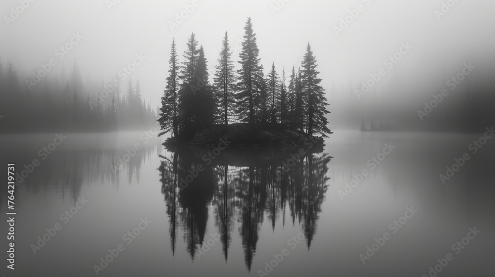 Misty Isle Reflections in Monochrome, Silhouette Illustration Trees on an Island.  Generative AI.
 - obrazy, fototapety, plakaty 