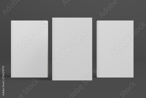 Realistic 3D book mockup illustration with 3 soft covers. Book model standing on isolated gray background with shadows. Book with 3 soft covers. Ready for you to present your design.