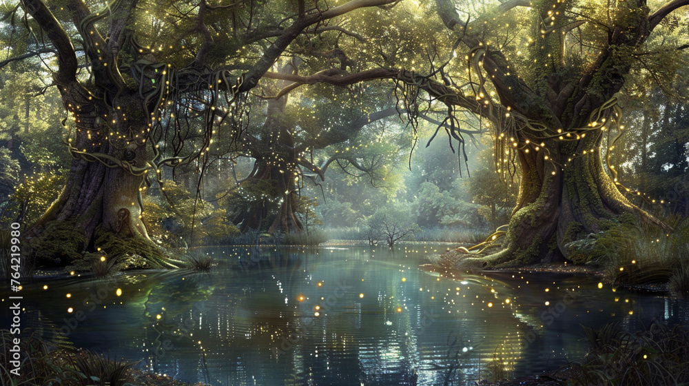 A tranquil pond nestled amidst a magical forest, reflecting the ethereal beauty of towering trees draped in cascading vines and shimmering with fireflies. Digital painting background. A tranquil pond nestled amidst a magical forest, reflecting the ethereal beauty of towering trees draped in cascading vines and shimmering with fireflies. Digital painting background.