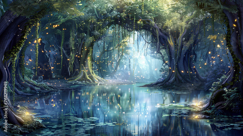 A tranquil pond nestled amidst a magical forest, reflecting the ethereal beauty of towering trees draped in cascading vines and shimmering with fireflies. Digital painting background.