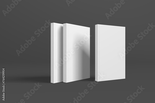 Realistic 3D book mockup illustration with 3 soft covers. Book model standing on isolated gray background with shadows. Book with 3 soft covers. Ready for you to present your design.