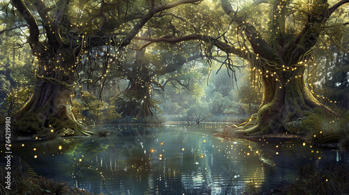 A tranquil pond nestled amidst a magical forest  reflecting the ethereal beauty of towering trees draped in cascading vines and shimmering with fireflies. Digital painting background.