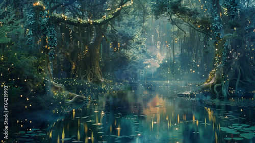 A tranquil pond nestled amidst a magical forest, reflecting the ethereal beauty of towering trees draped in cascading vines and shimmering with fireflies. Digital painting background.