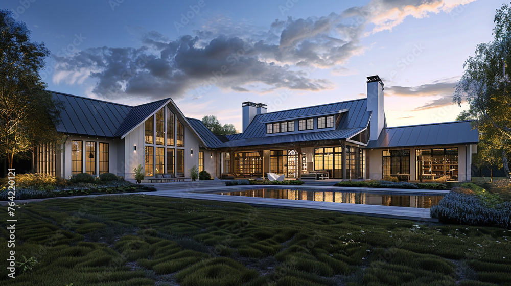 A tranquil scene unfolds as twilight envelops the modern farmhouse luxury home exterior, radiating warmth and sophistication. --ar 16:9 --v 6.0 - Image #3 @Zubi