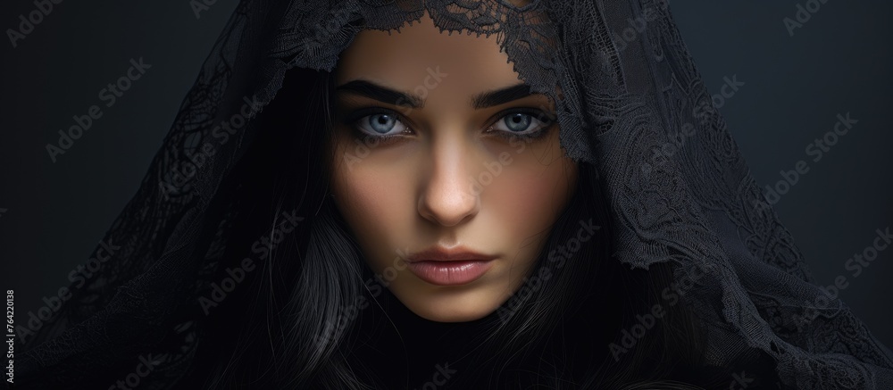 A female person with a dark veil over her head and eyes, providing a mysterious and secretive appearance
