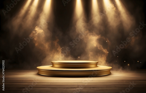 Gold podium set against a dark backdrop enveloped in wisps of smoke, with an empty pedestal awaiting an award ceremony