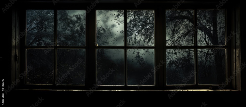 Fototapeta premium A dimly lit window offering a view of trees and foliage in the background