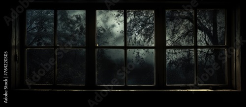 A dimly lit window offering a view of trees and foliage in the background