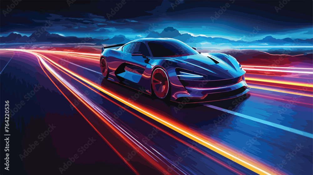 Futuristic Sports Car On Highway. Powerful accelerate