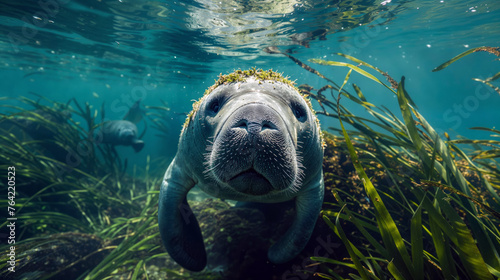 A close-up underwater perspective of manatees among lush sea grass, capturing their serene essence.  © Attila