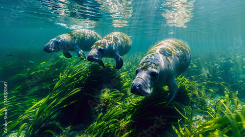 A serene underwater shot of a group of manatees grazing on sea grass. © Attila