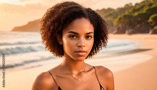 young black Brazilian woman posing on the beach coast, conceptual photo, professional photography
