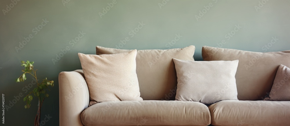 Obraz premium Capture focuses on a sofa displayed closely, showcasing three cushions placed on top of it