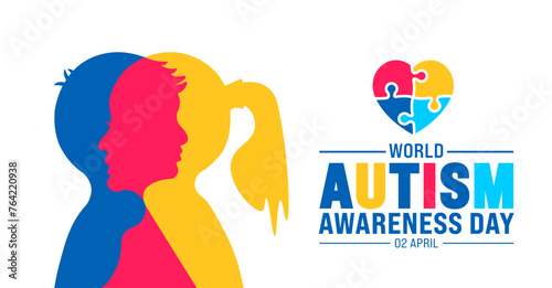 2 April world Autism awareness day boy and girl child head with puzzle piece love icon banner design template. vector illustration.