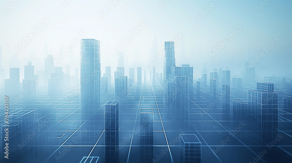 Abstract Futuristic digital cityscape with wireframe grid