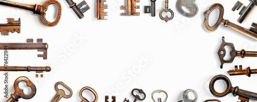 A collection of weathered and rusty old keys placed in a circular formation. Frame border. Problem solving. Cherished desires. Banner. Copy space photo