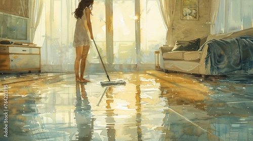 Close view, lady cleaning flooring, mop in hand, airy white living room, morning glow, watercolor realism photo