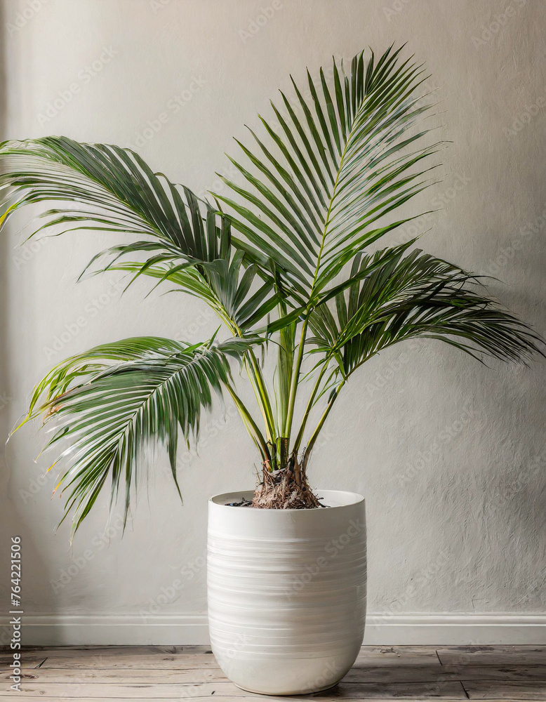 An elegant palm plant in a white pot against a white wall, offering a minimalist aesthetic. space for text
An elegant palm plant in a white pot against a white wall, offering a minimalist aesthetic. space for text