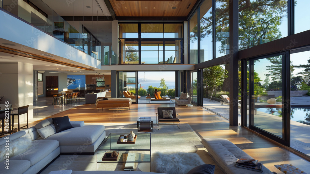 An inviting photo of a luxurious modern home, characterized by its open ...