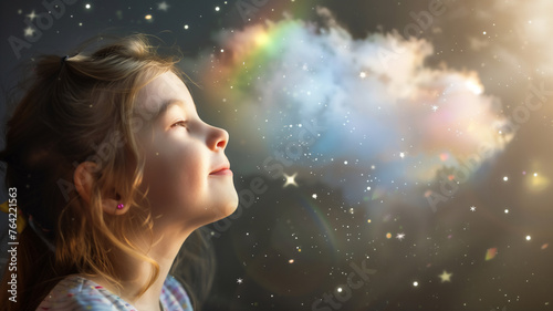 A young girl has fun playing in her thoughts dreams and creativity ,girl with cloud and rainbow pop up above her head .