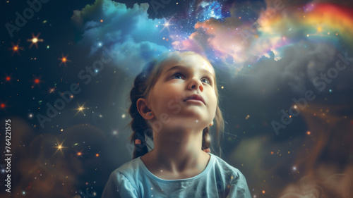 A young girl has fun playing in her thoughts dreams and creativity ,girl with cloud and rainbow pop up above her head .