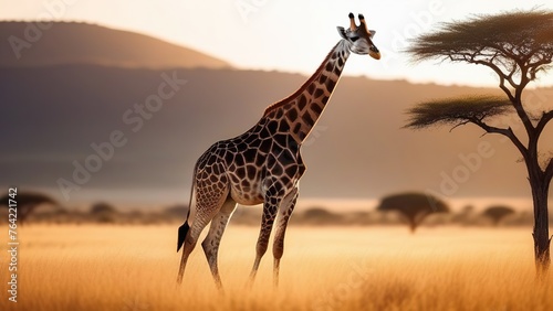 Giraffe in the African savannah against the backdrop of sunset. Tanzania. Africa. © екатерина лагунова