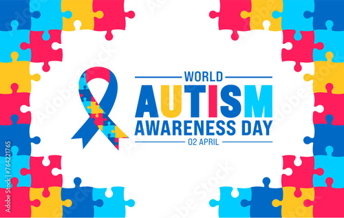 2 April world Autism Awareness Day colorful Puzzle icon with puzzle Awareness Ribbon banner or background design template.