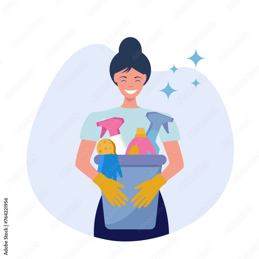 Cleaning service concept, girl in apron and rubber gloves, Cleaning tools - mop, wash sponge, water bucket, spray bottle, bubble. Health Protection