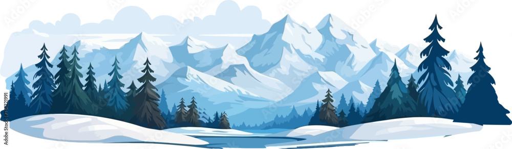 Vector flat mountains landscape. Winter beautiful blue mountains landscape with a forest.	
