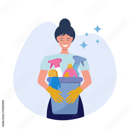 Obraz na płótnie Cleaning service concept, girl in apron and rubber gloves, Cleaning tools - mop, wash sponge, water bucket, spray bottle, bubble. Health Protection w salonie