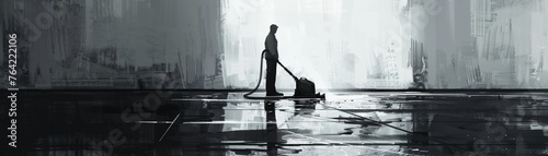 Worker guides powerful floor cleaner, evening calm, threequarter view, charcoal sketch, swift cleanliness photo
