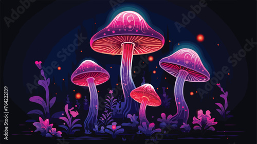 Neon mushrooms on a dark background flat vector