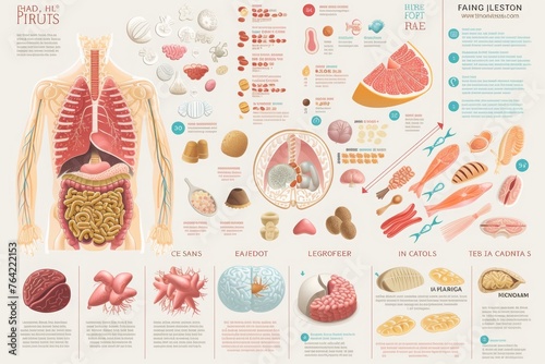 A comprehensive diagram displaying the various organs and structures of the human body, An infographic detailing the effects of a food allergy on the human body, AI Generated