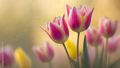 Różowo-żółte Tulipany, tapeta, dekoracja. Generative AI © mycatherina