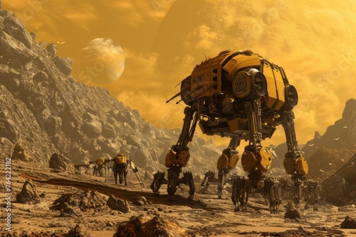 A group of individuals standing together on a rocky hillside, taking in the view, An intelligent machine race harvesting resources on a mining planet, AI Generated © Iftikhar alam